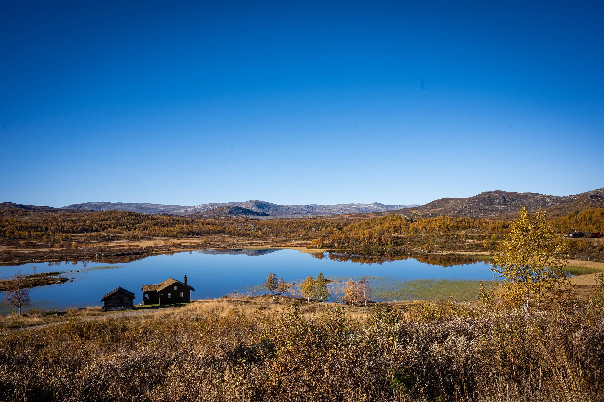 Scenic landscape of a lake surrounded by autumn foliage under a clear blue sky, with a small house and shed in the foreground and rolling hills in the background.