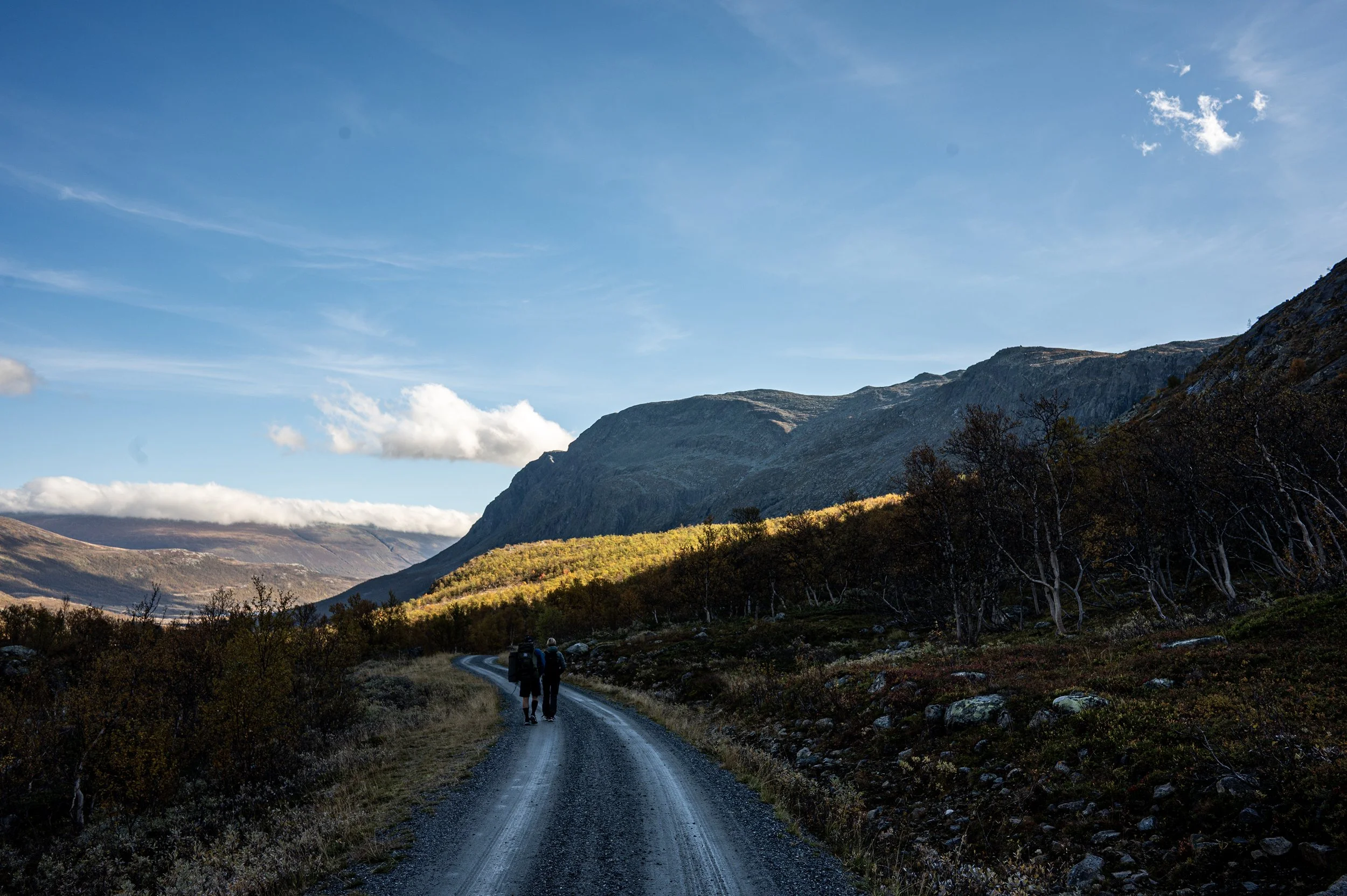 Two hikers walk along a gravel mountain trail surrounded by trees and rugged mountains under a partly cloudy blue sky.