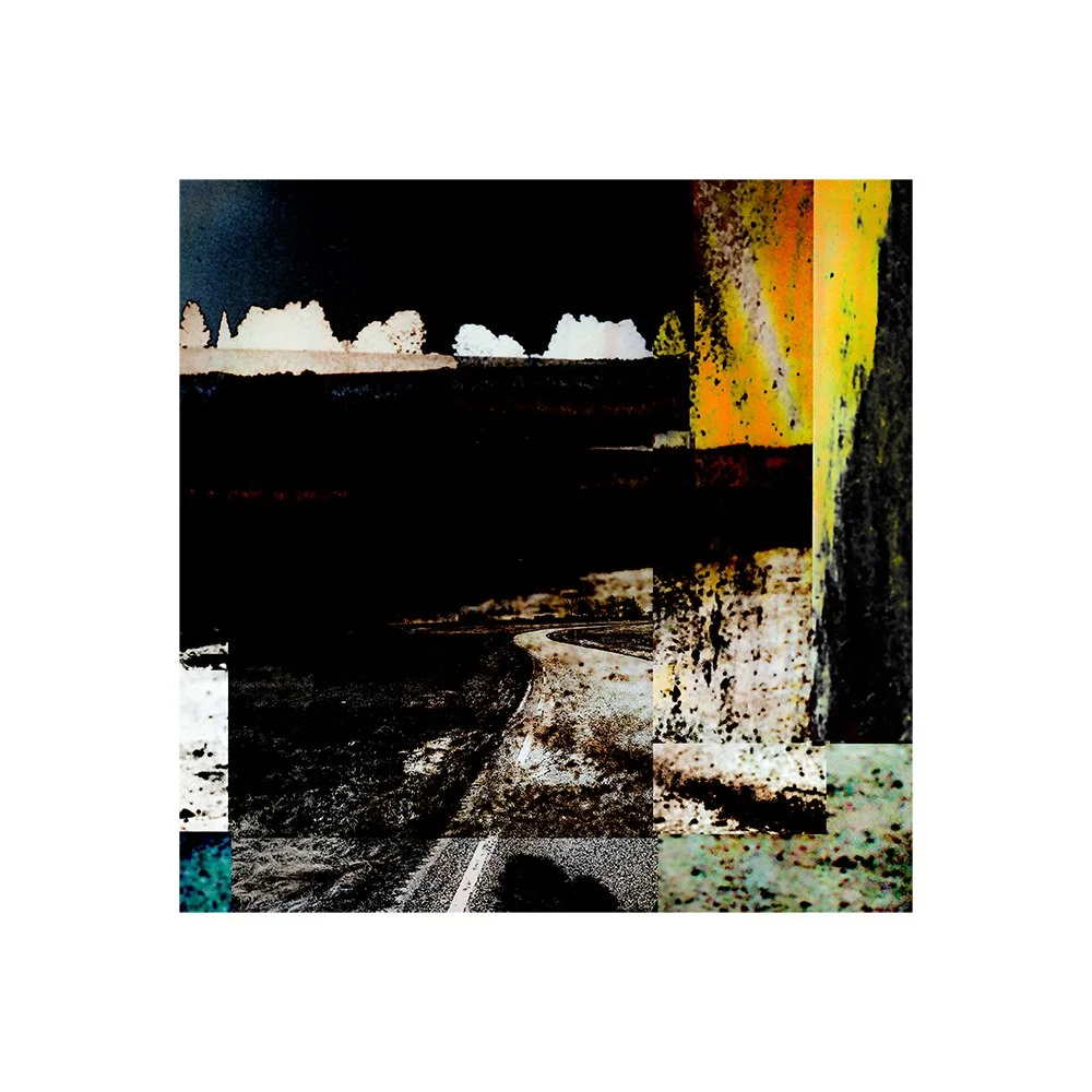 Abstract digital collage featuring a winding road, trees, and colorful textures.