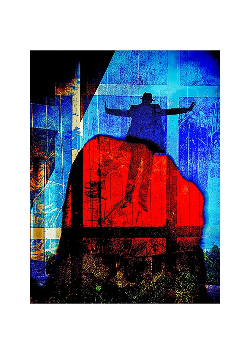 A silhouette of a person with arms outstretched standing on a red bench or platform, projected against a vibrant background of blue and multicolored abstract artwork.
