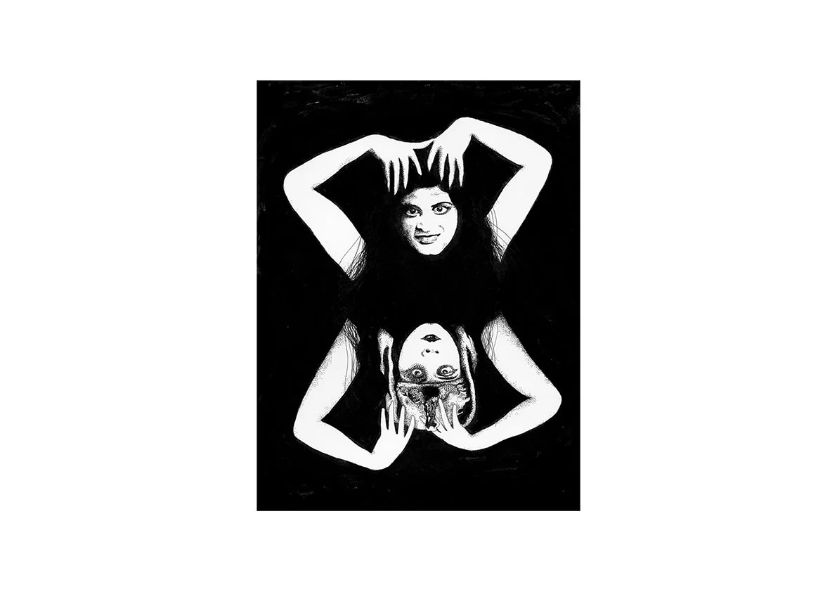 A black and white illustration of a woman with long black hair, holding her face with both hands, mirrored vertically with the same image upside down at the bottom.