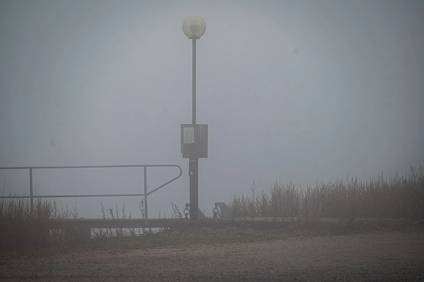 A foggy outdoor scene with a tall lamppost, a metal railing leading to a small dock, a bench, and sparse bushes.