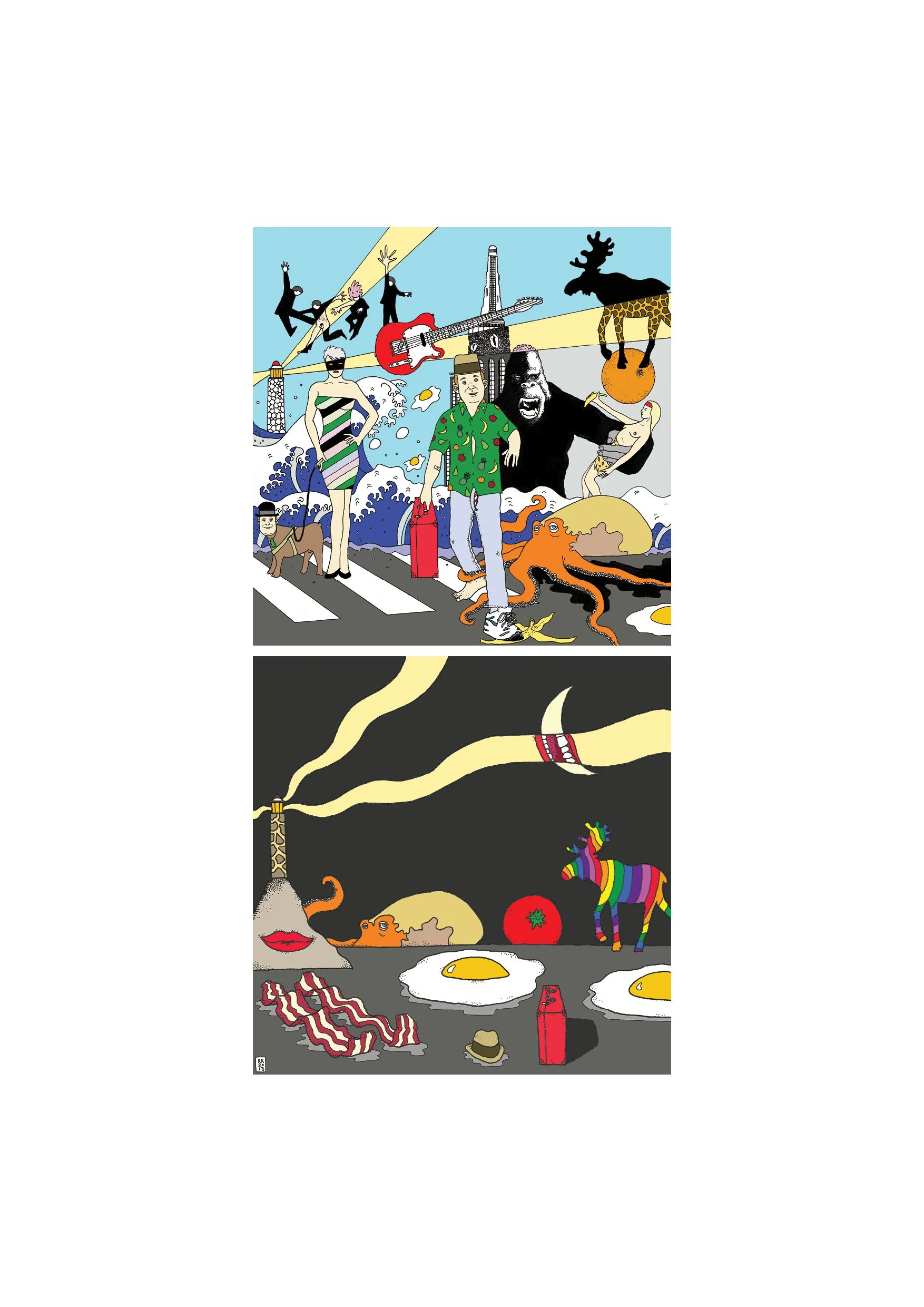 Colorful illustration divided into two sections, depicting a surreal scene with various objects, animals, and people in a whimsical and chaotic style.