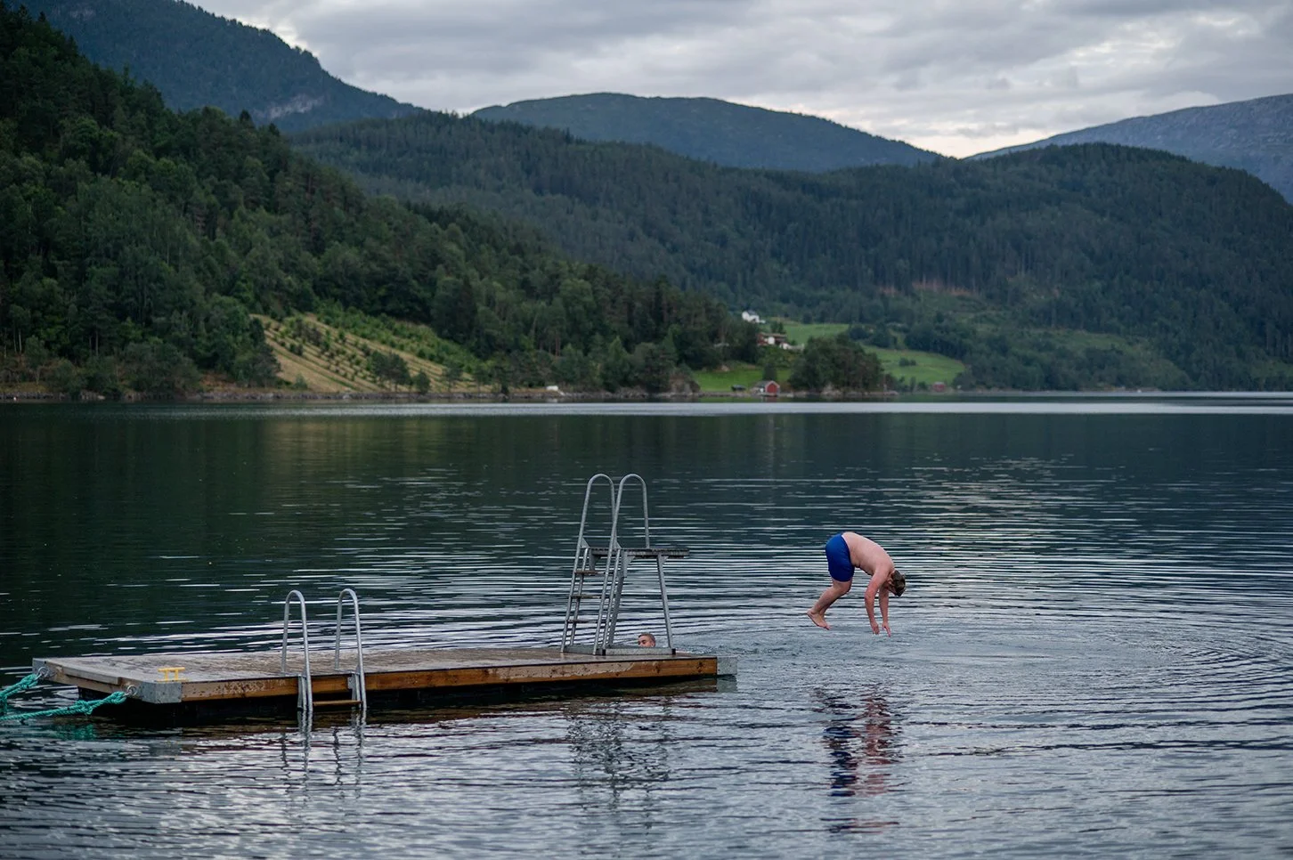 A person in blue swim trunks jumping into a lake from a wooden dock with a metal ladder, surrounded by green hills and mountains under a cloudy sky.