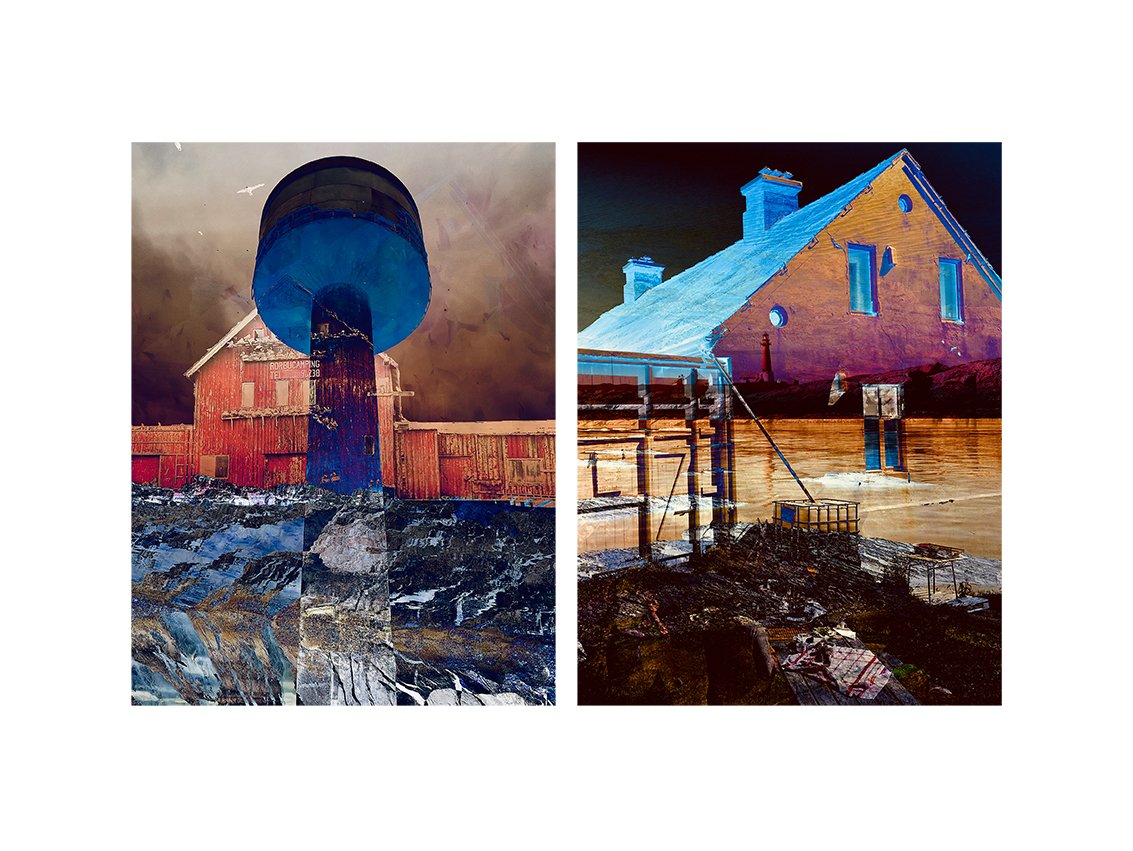Double-panel artwork of houses, one red barn with water imagery and one blue house with moonlit background.