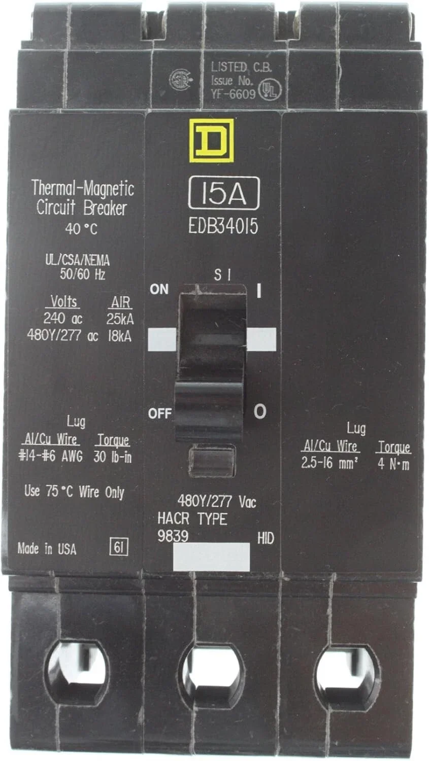 SQUARE D EDB34015 BREAKER BOLT IN 15 AMP 3POLE 480Y/277VOLT AC NEW