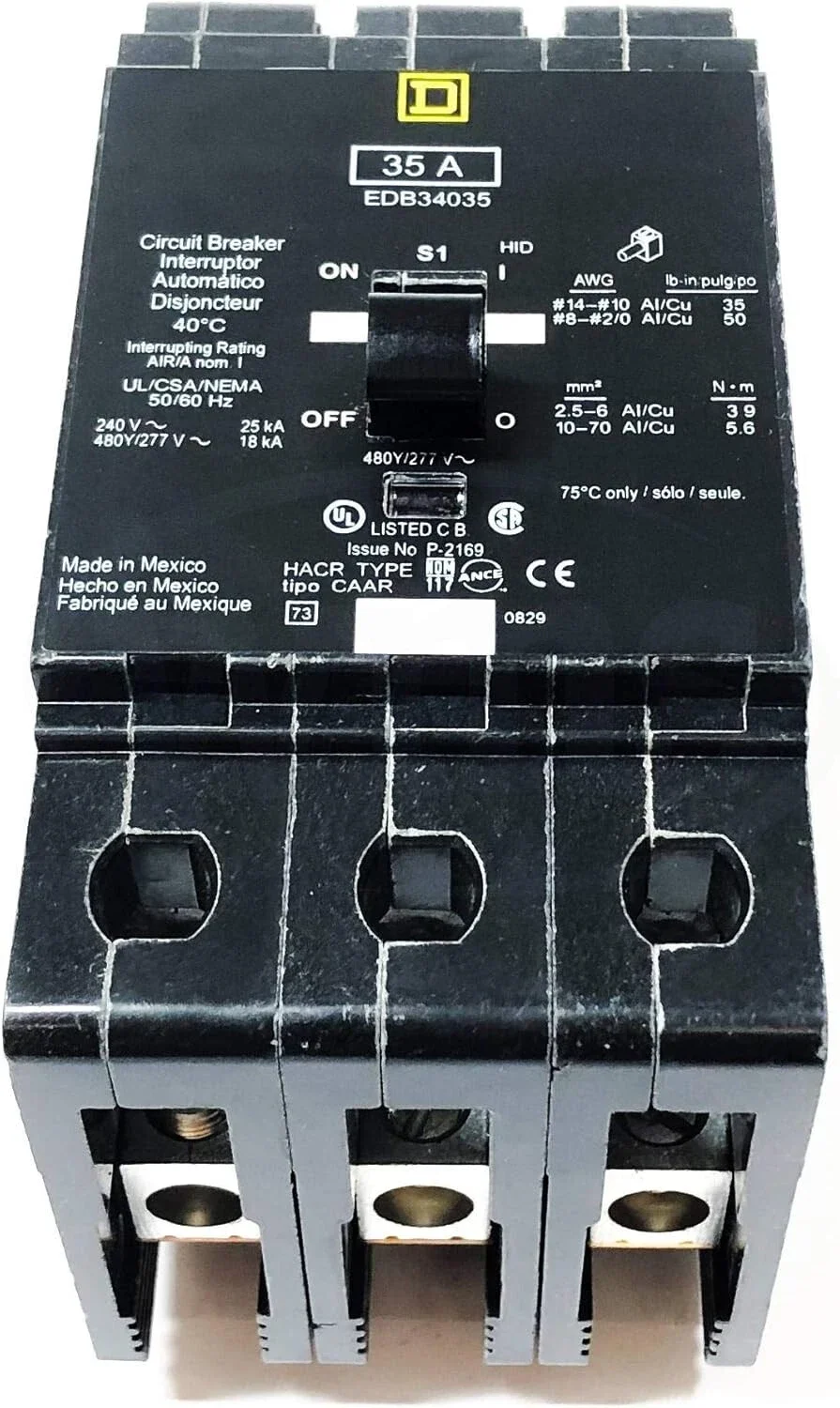 SQUARE D EDB34035 BREAKER BOLT IN 35AMP 3POLE 480Y/277VOLT AC NEW