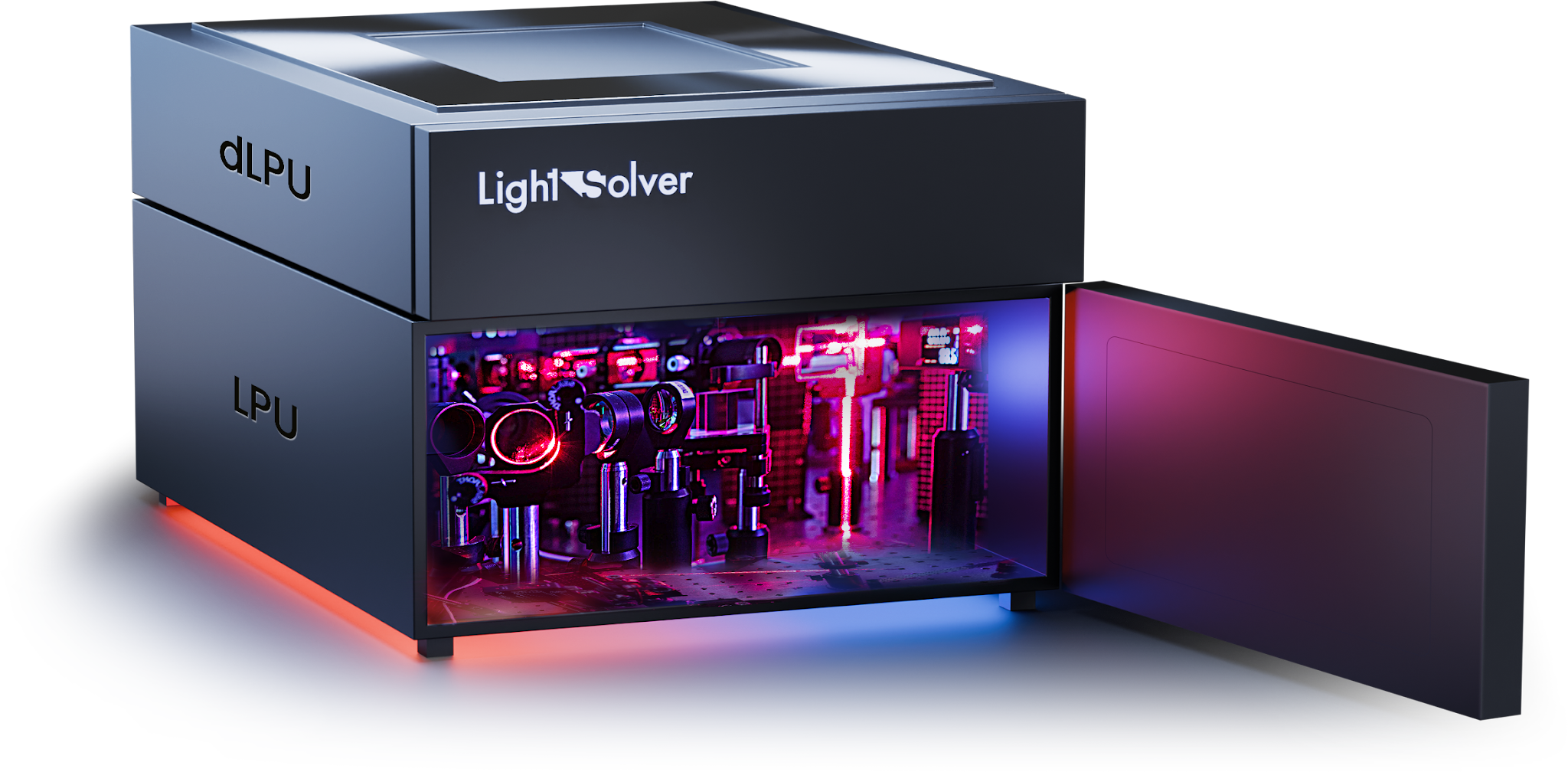 A computer hardware component with a transparent side panel revealing internal circuit boards and neon lighting, branded with 'DLPU' and 'LightSolver'.