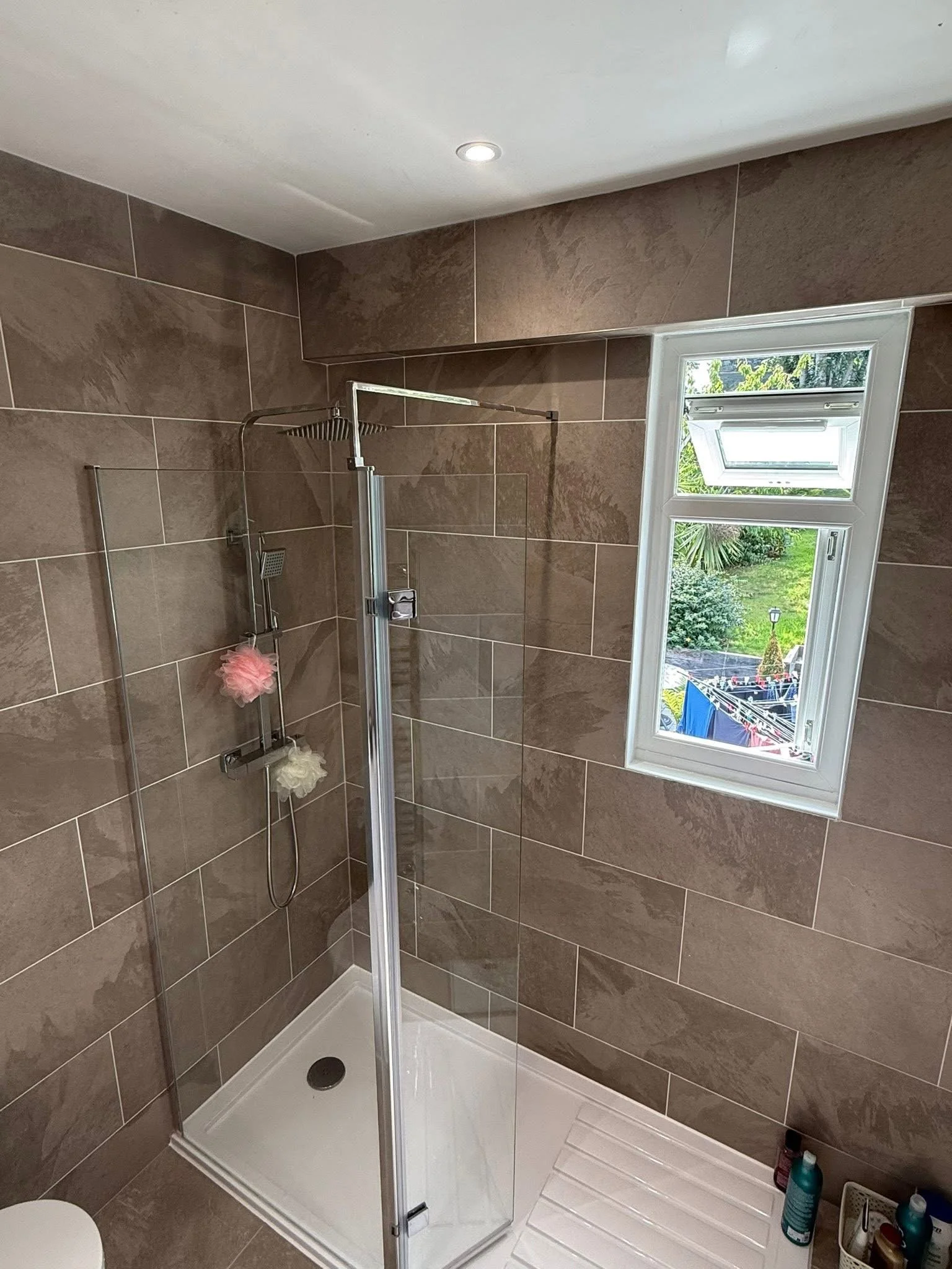 Tiled walk-in shower fitted as part of a bathroom refit