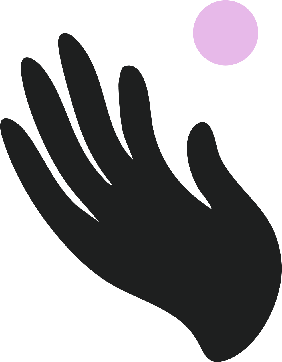 A black silhouette of a hand reaching towards a purple circle, representing the moon.