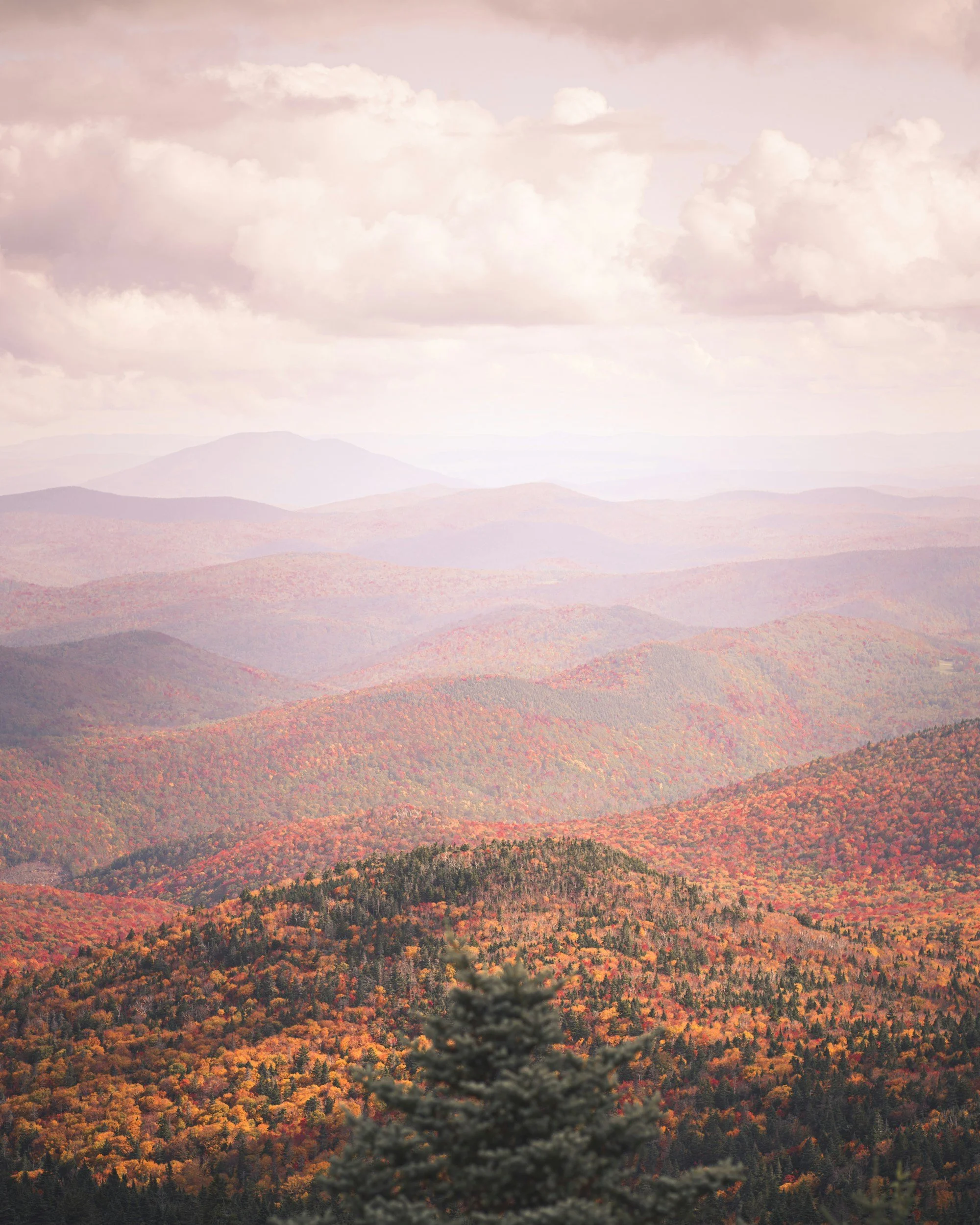 A landscape view of rolling mountains covered in autumn foliage with colorful trees in the foreground and clouds in the sky.