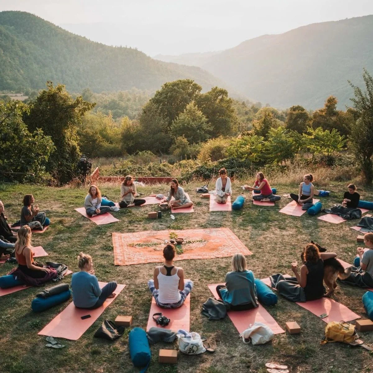 Group of people practicing yoga outdoors on mats in a scenic mountain setting during sunset.