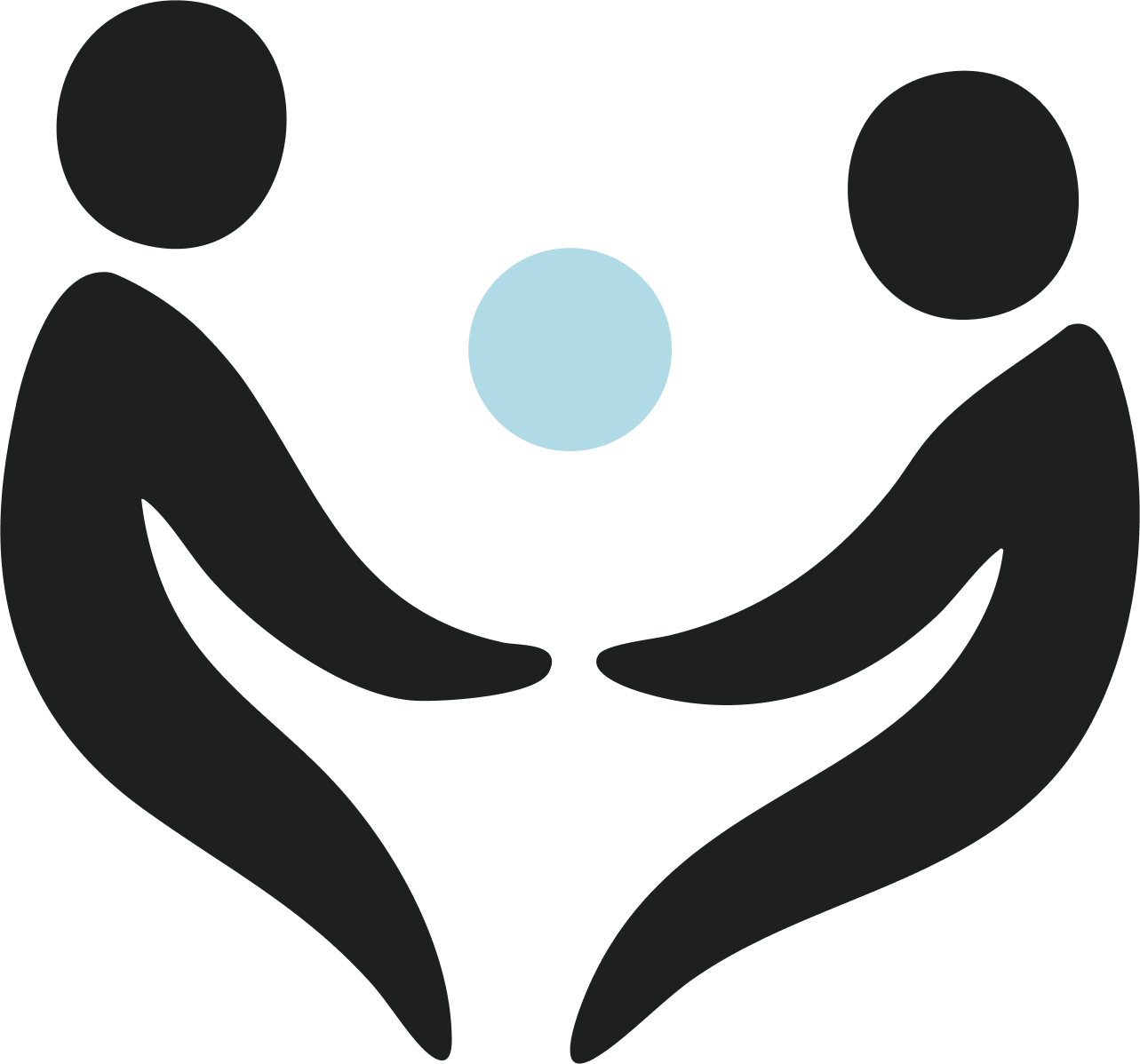 Two black hands cupping a small blue circle between them, with two black silhouettes of people on either side of the hands.