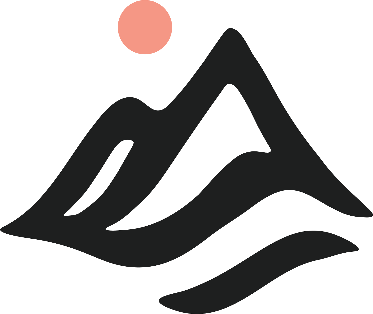 Stylized mountain scene with a large peak and a smaller peak, a pink sun in the sky, and wavy lines representing water or landscape.