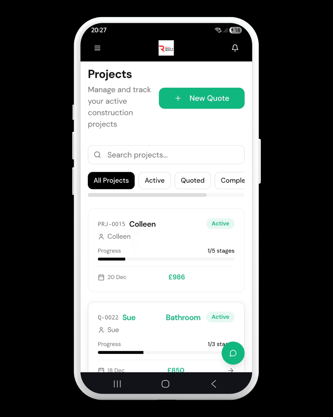 Mobile app screen showing construction project management interface with project list, search bar, and navigation tabs.