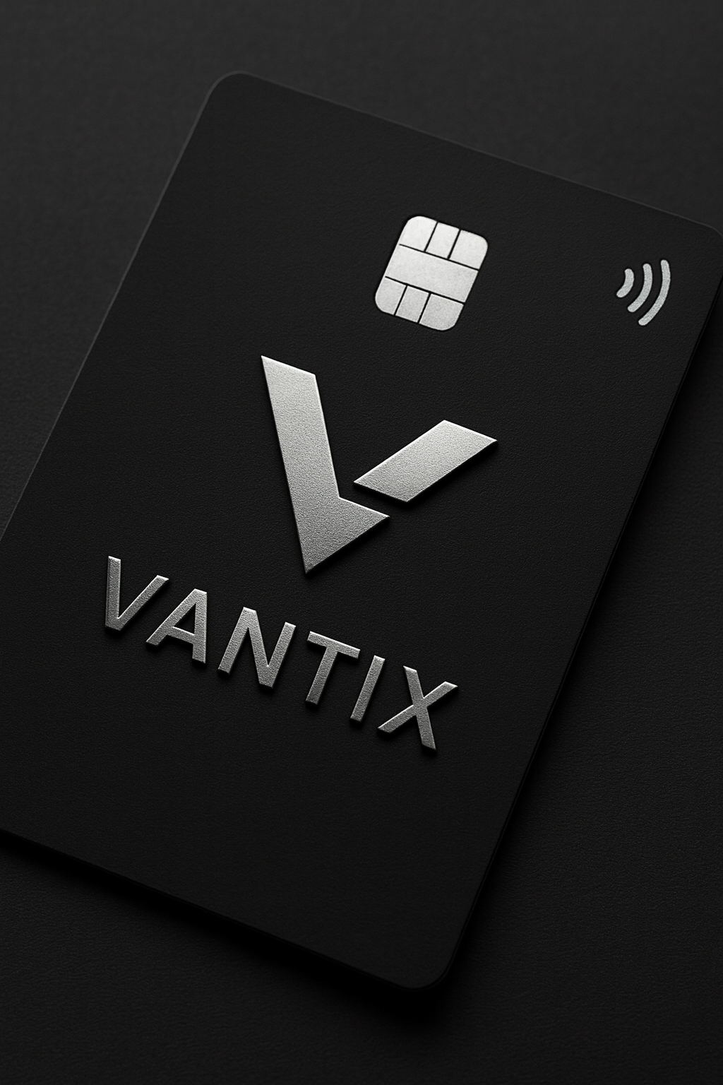 Close-up of a black credit card with the VANTIX logo, a chip, and contactless payment symbol.