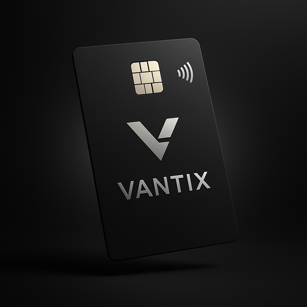 Black Vantix credit card with chip and contactless symbol, floating against a dark background.