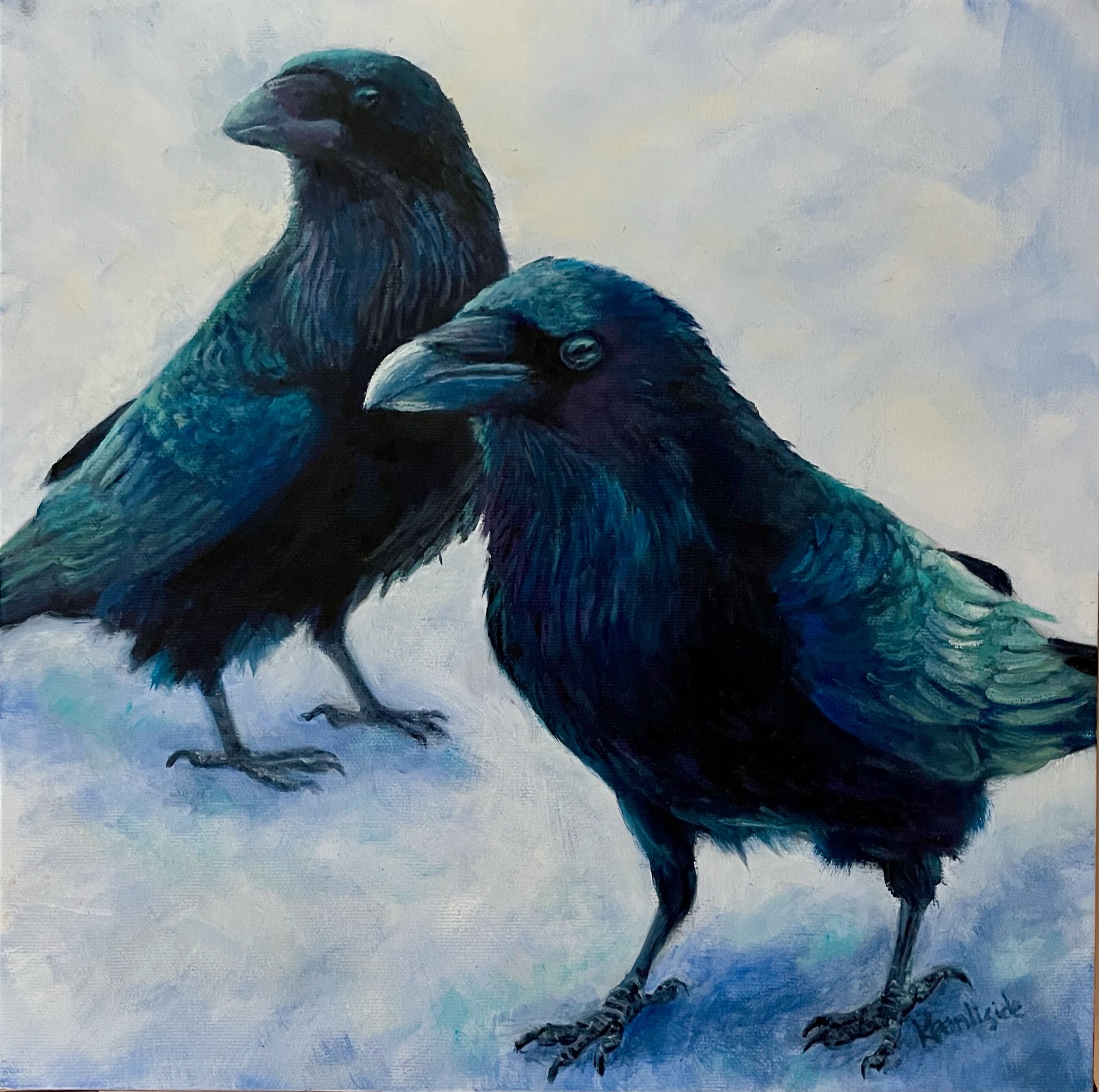 Ravens sizing you up in the parking lot at Lake Louise, Banff, Alberta 12”x12” SOLD