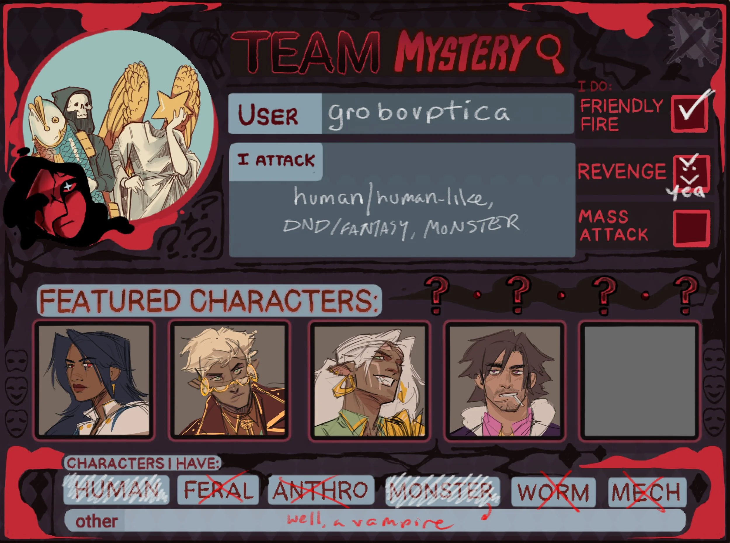 Okidoki:3 So, 20 days in, I am on Artfight now! Drop you users so I can HUNT YOU DOWN RAAHHH
Really hoping to do at least a few...

#artfight2026 #artfight #ocs #teammystery #artfightprofile