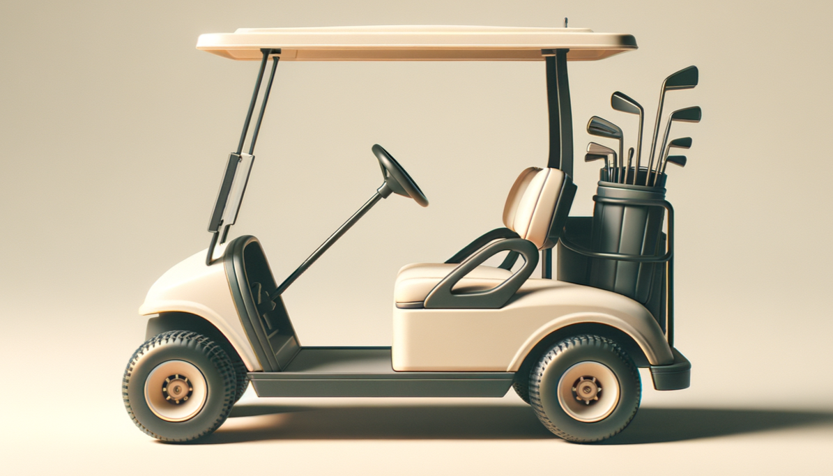 A beige golf cart with a roof, two seats, and a set of golf clubs in a holder at the back, positioned on a neutral background.