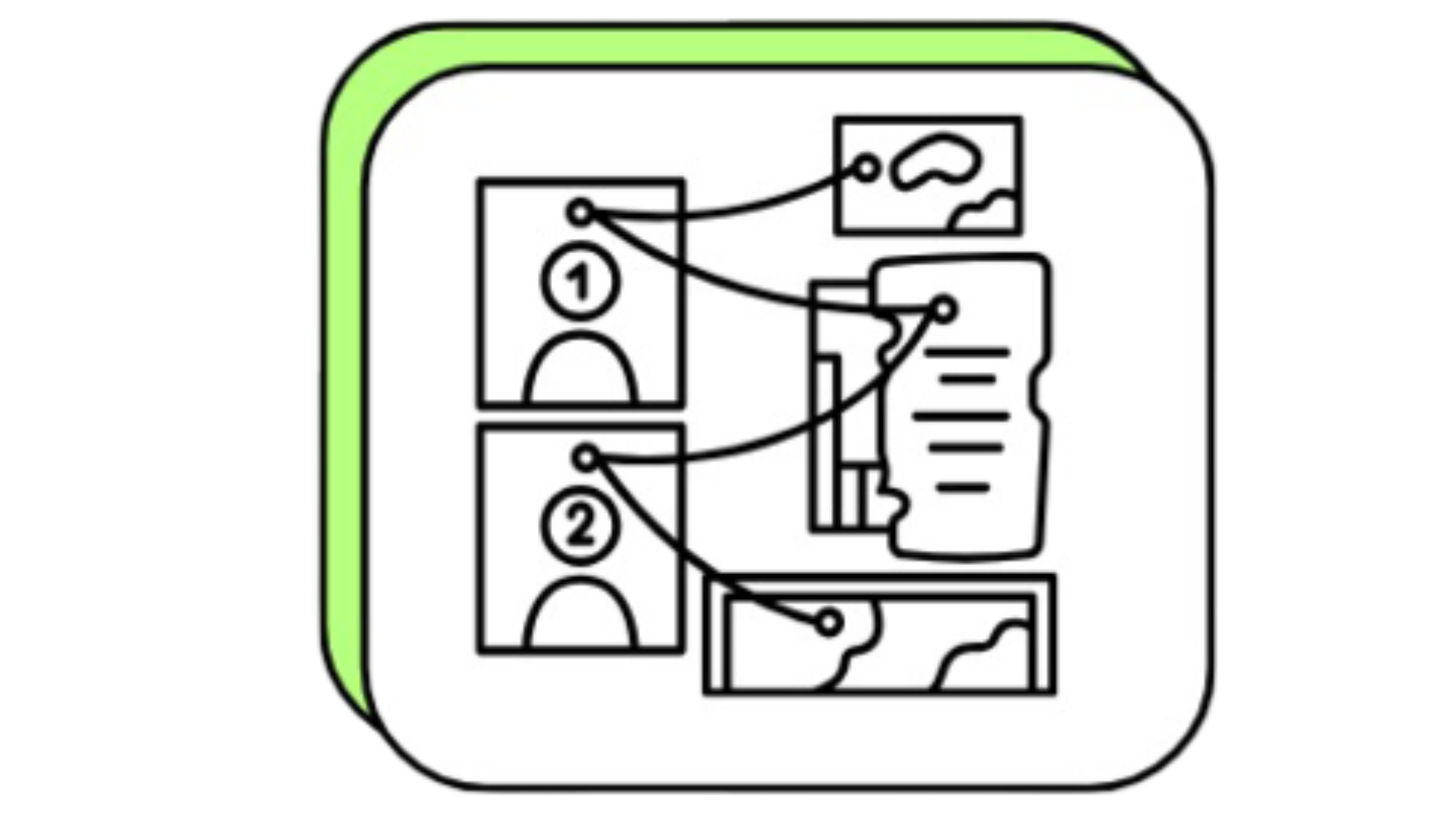 A digital icon that has two individuals labeled 1 and 2 with string connecting the individuals to evidence or documents demonstrating an investigation involving the two individuals.