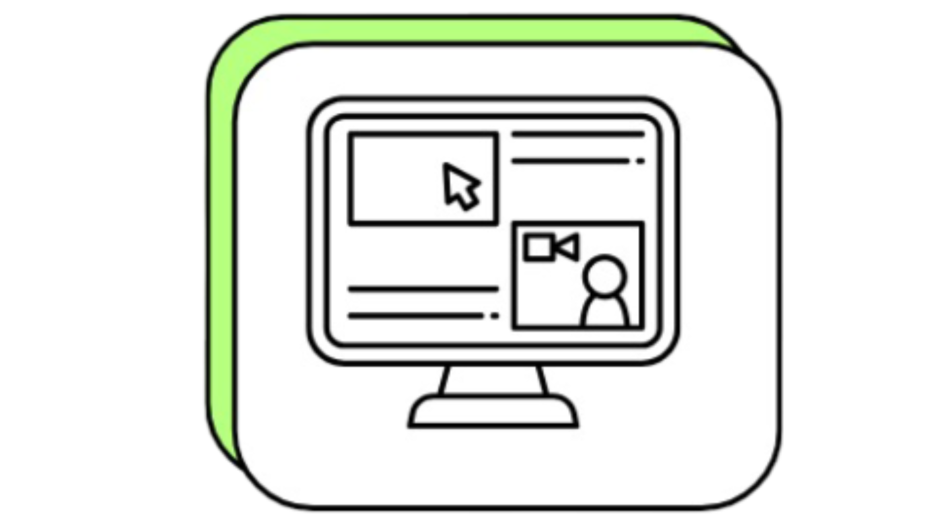 Icon of a computer monitor with a user profile and video call interface, including a cursor pointing to a window.