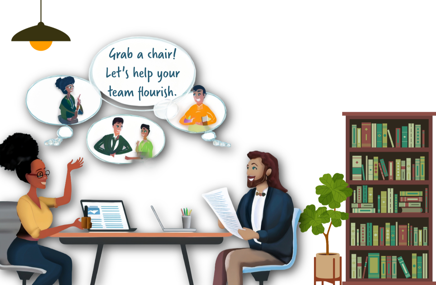 A woman with glasses and curly black hair wearing a yellow top talks in an office or classroom setting. She has a laptop, a coffee mug, and a pen holder on the table. A man with long brown hair, a beard, wearing a suit and bow tie, is sitting across from her, holding papers. To their right is a tall bookcase filled with books and a potted plant. The woman appears to be explaining something, with decorative thought bubbles above her showing team members and a message about team collaboration.