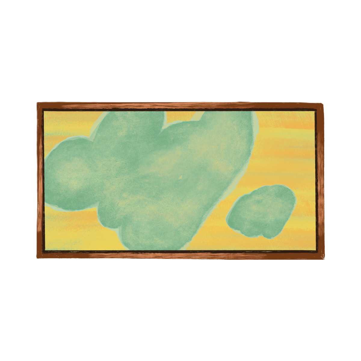 Abstract painting with green cloud-like shapes on a yellow background, framed in brown.