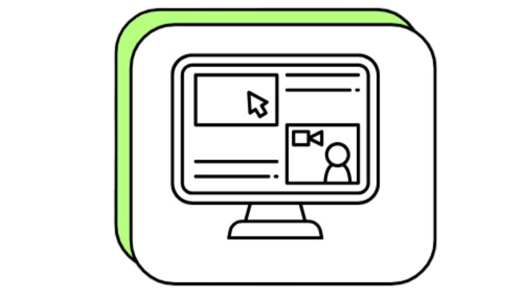 Icon of a computer monitor with outline drawings of a video call, a cursor, and a webpage layout.