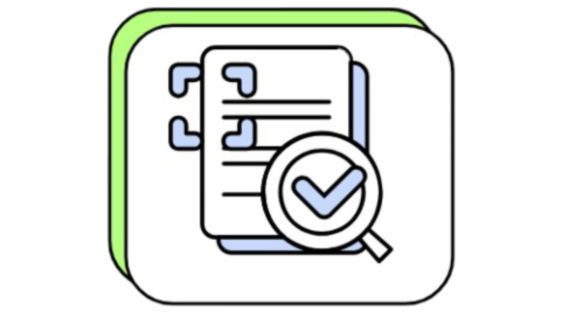 A digital icon of a clipboard with checkboxes and a magnifying glass with a checkmark, representing review or verification.
