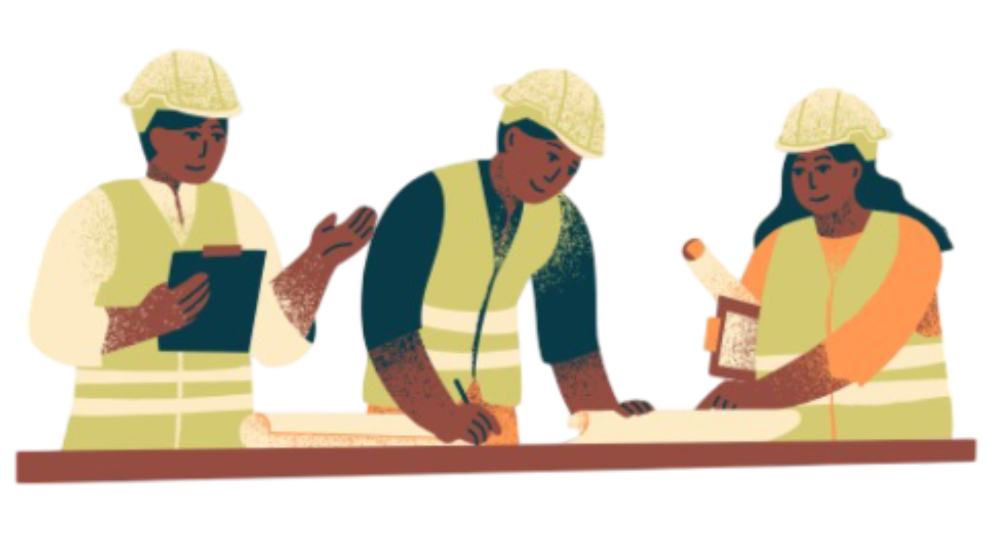 Three construction workers wearing yellow safety vests and helmets, examining blueprints on a construction site.