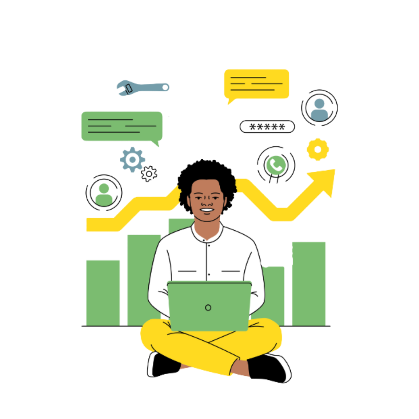 An illustration of a person sitting cross-legged with a laptop, surrounded by various icons and charts related to communication, technology, and analytics.