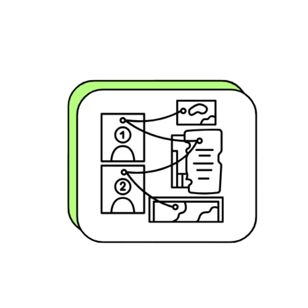 A digital icon that has two individuals labeled 1 and 2 with string connecting the individuals to evidence or documents demonstrating an investigation involving the two individuals.