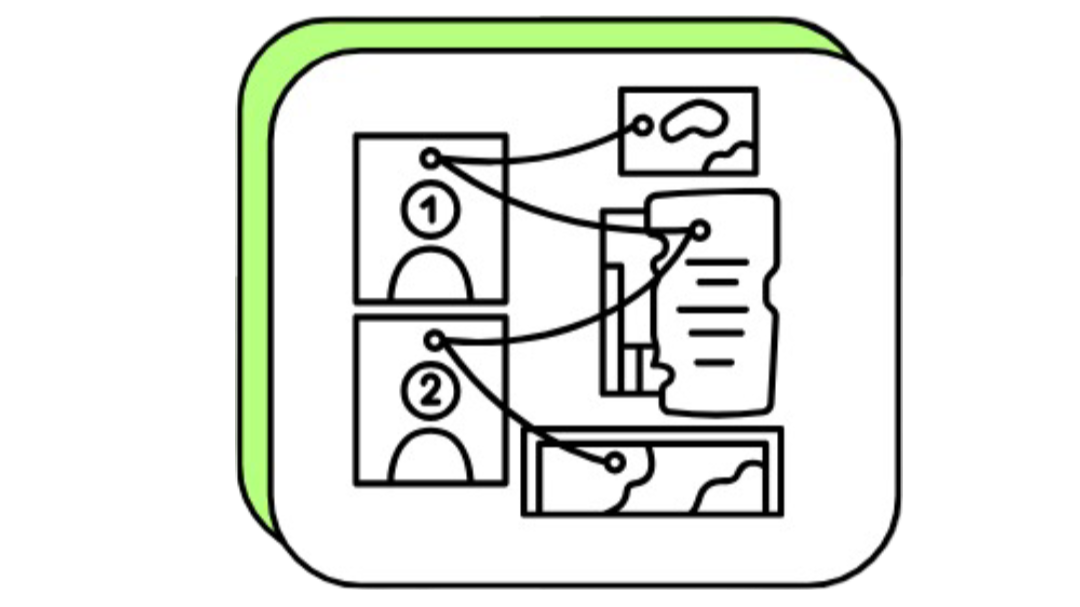 A digital icon that has two individuals labeled 1 and 2 with string connecting the individuals to evidence or documents demonstrating an investigation involving the two individuals.
