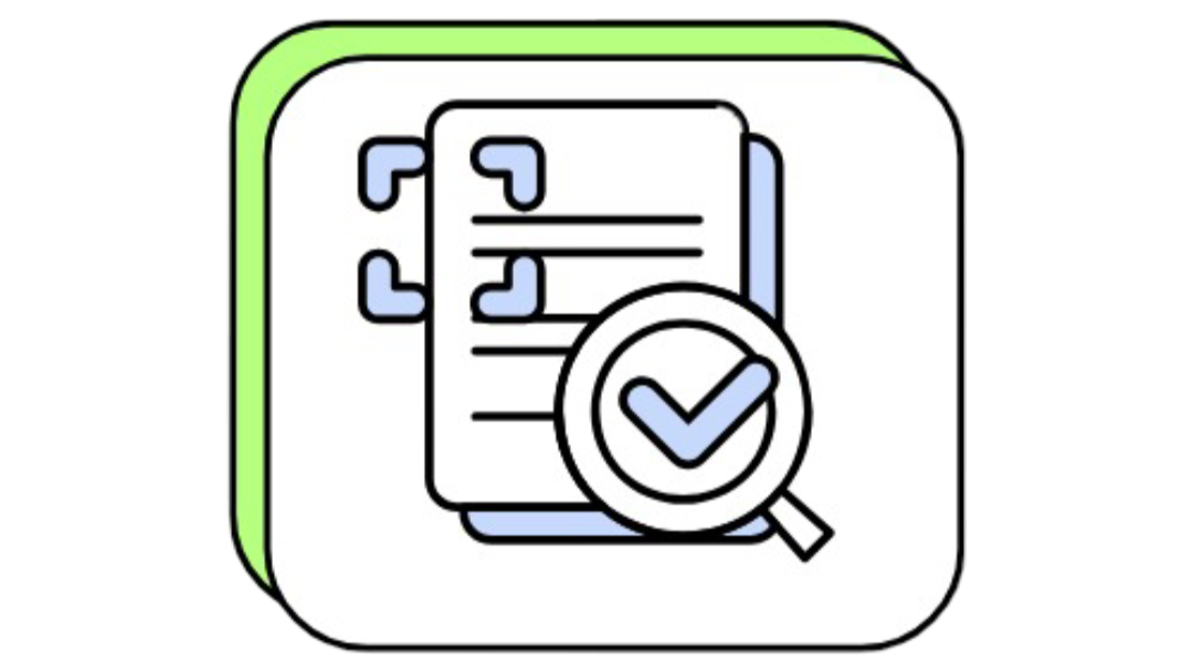 Icon of documents with a magnifying glass and checkmark indicating document review or approval.