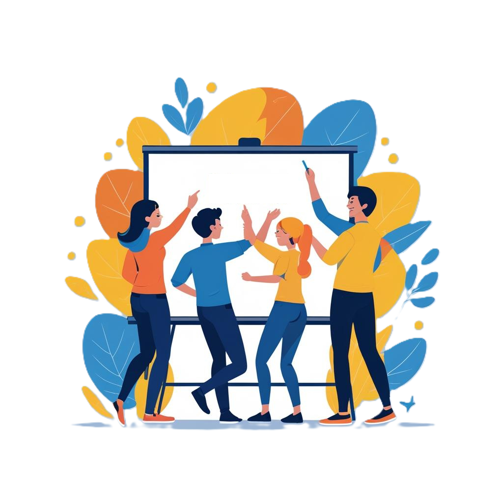 Four diverse people celebrating and high-fiving in front of a large blank presentation screen surrounded by stylized autumn leaves.