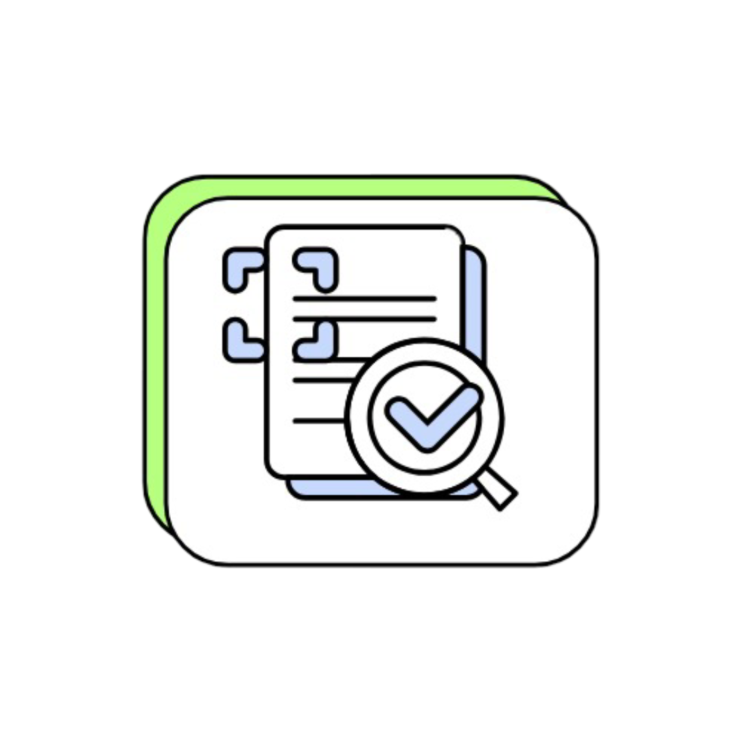 Icon of documents with a magnifying glass and checkmark indicating document review or approval.
