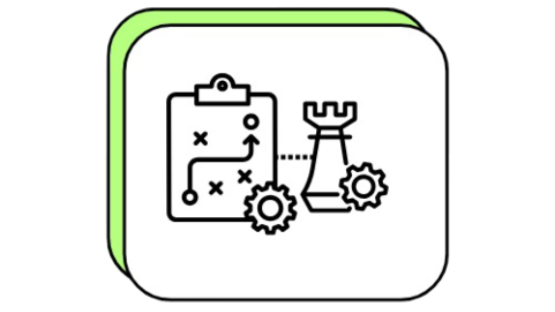 A digital icon depicting a strategic game plan with a clipboard showing a tactic diagram, a crown, and gears, all enclosed in a rounded square with a green border.
