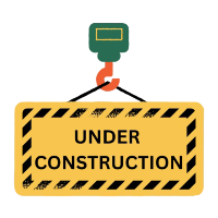 Under construction sign with yellow and black caution pattern and construction equipment in the background.