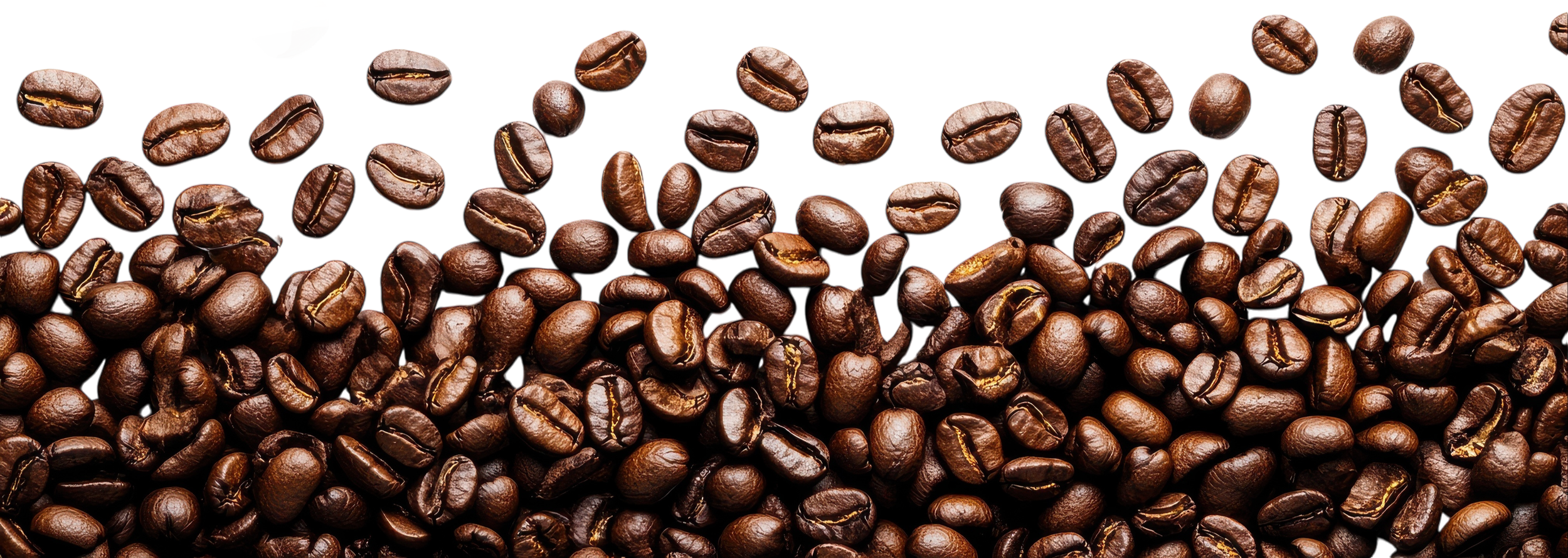 Close-up of roasted coffee beans scattered across the surface.