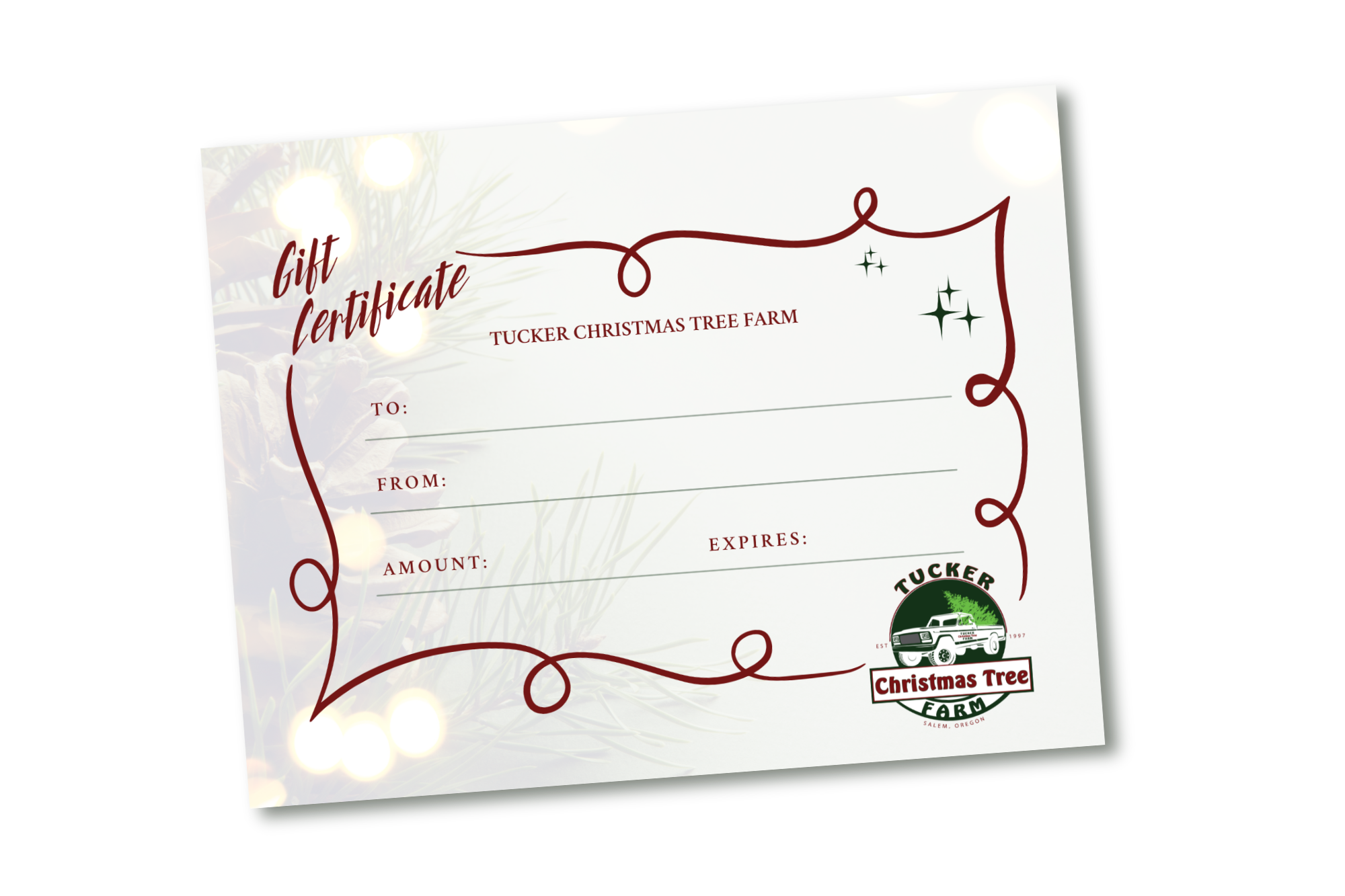 Gift certificate from Tucker Christmas Tree Farm with sections for recipient, sender, amount, expiration date, and a logo with a truck and Christmas trees.
