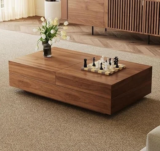 Living room design Inspiration featuring a stylish shoppable  wooden coffee table with a chess game and a vase of white flowers on it in a living room.