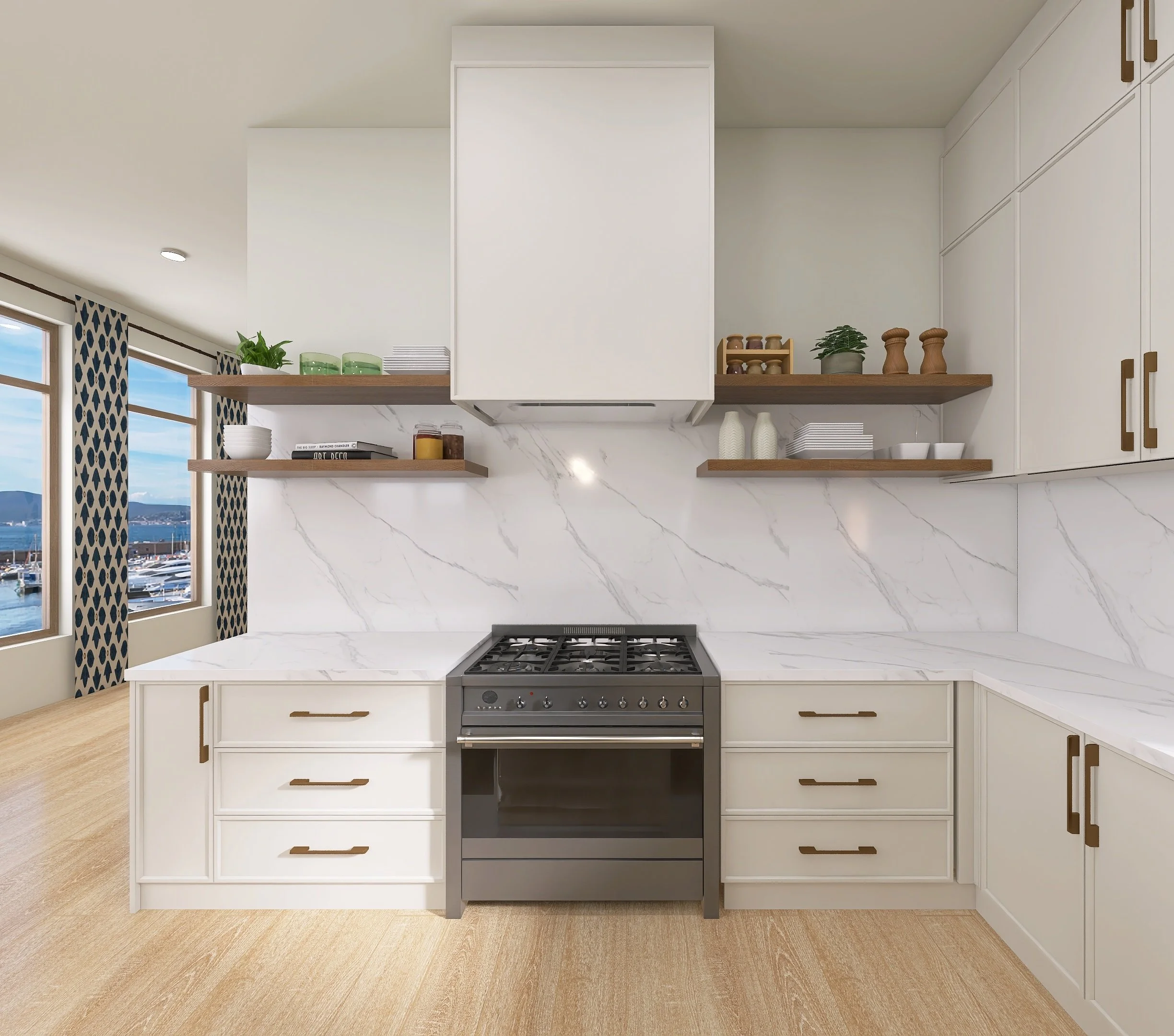 This Interior Ethos original design can be used as interior design inspiration. This 3D rendering shows a close view of the decorative oven hood and open shelving.