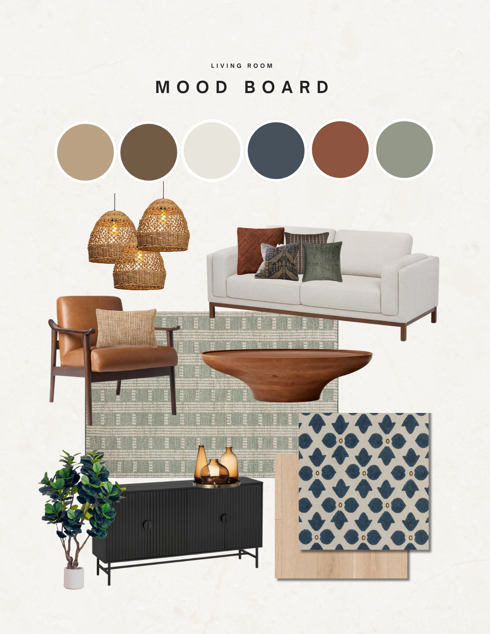 Mood boards featuring a specially  curated color palette, furniture selections and decor selections make is included in all the decorating and styling services provided by Inter Ethos Company.