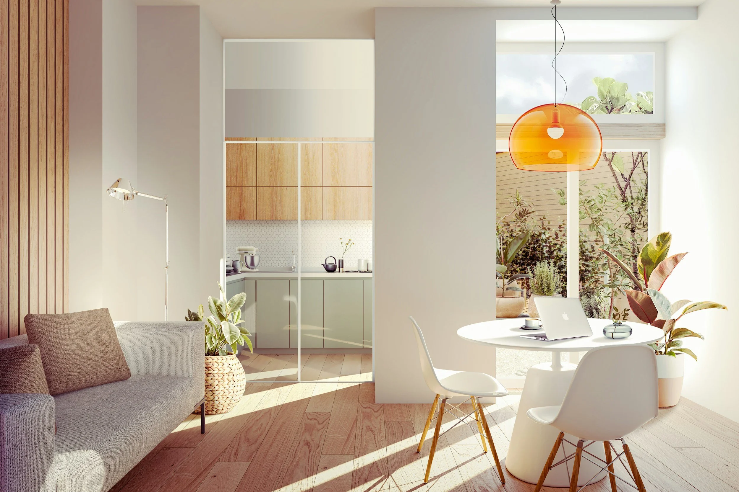 Bright living room with a beige sofa, potted plants, white dining table with chairs, a pendant light, and a view of a garden through large glass windows, with sunlight streaming in.