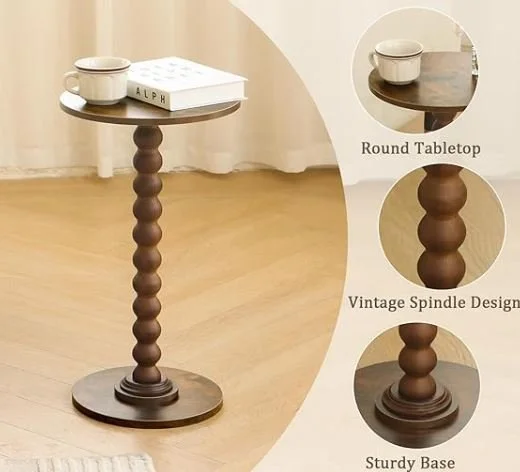 Living room design Inspiration featuring a stylish shoppable wooden side table with a round top, vintage spindle design, and a sturdy round base, with a mug and a book on top.