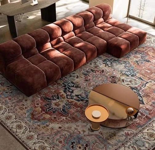 Living room design Inspiration featuring a stylish shoppable area rug in beautiful red tones