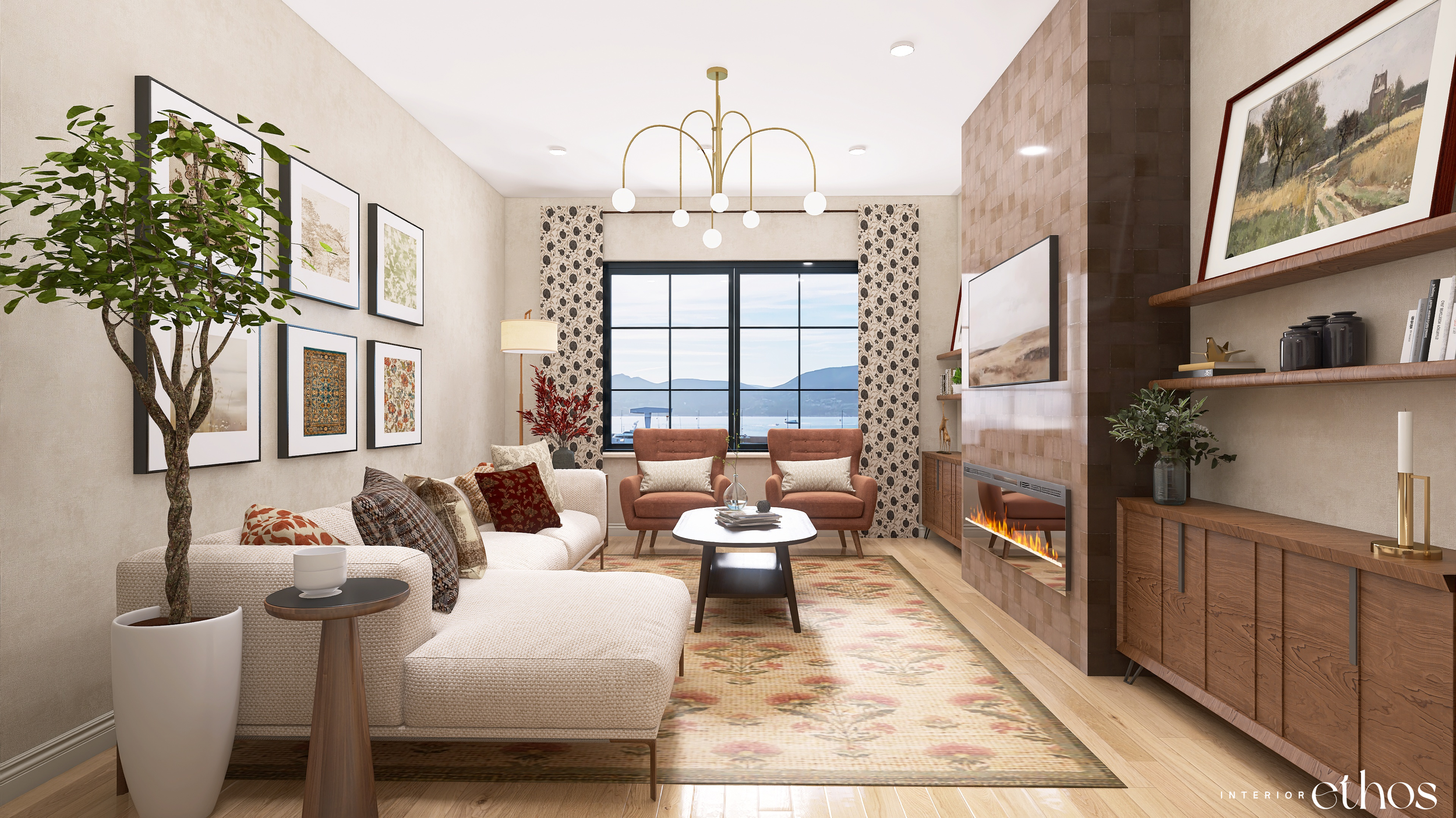 Interior Ethos original design featuring a living room with beige sofa, two pink armchairs, a black coffee table, a fireplace, window with mountain view, artwork on walls, potted plant, patterned curtains, and wooden sideboards. Interior Design Inspo