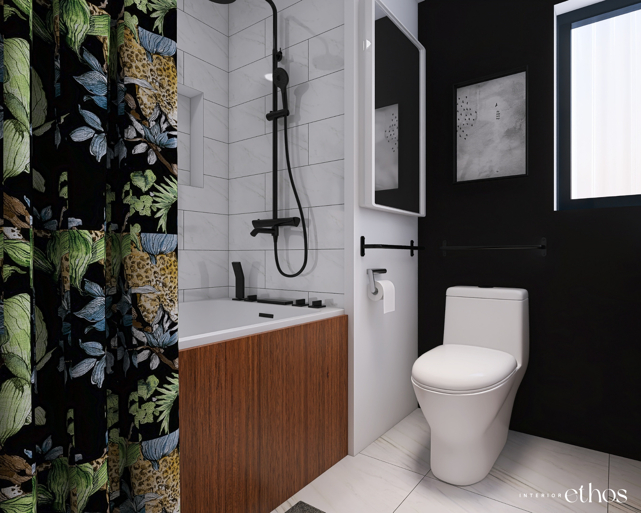 This Interior Ethos design shows a 3D rendering of a modern bathroom with white marble floor and walls, black accent wall with a framed abstract art, black decor, a bathtub with a wooden panel, and a toilet beside it. 