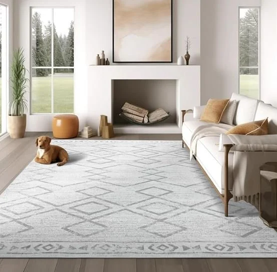 Living room design Inspiration featuring a stylish shoppable area rug in beautiful neutral tones.